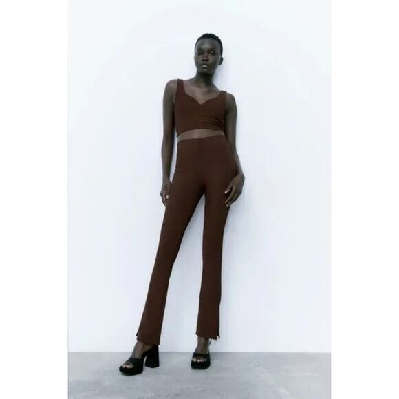 Zara Brown Ribbed Flared Pants Size S - Picture 9 of 9